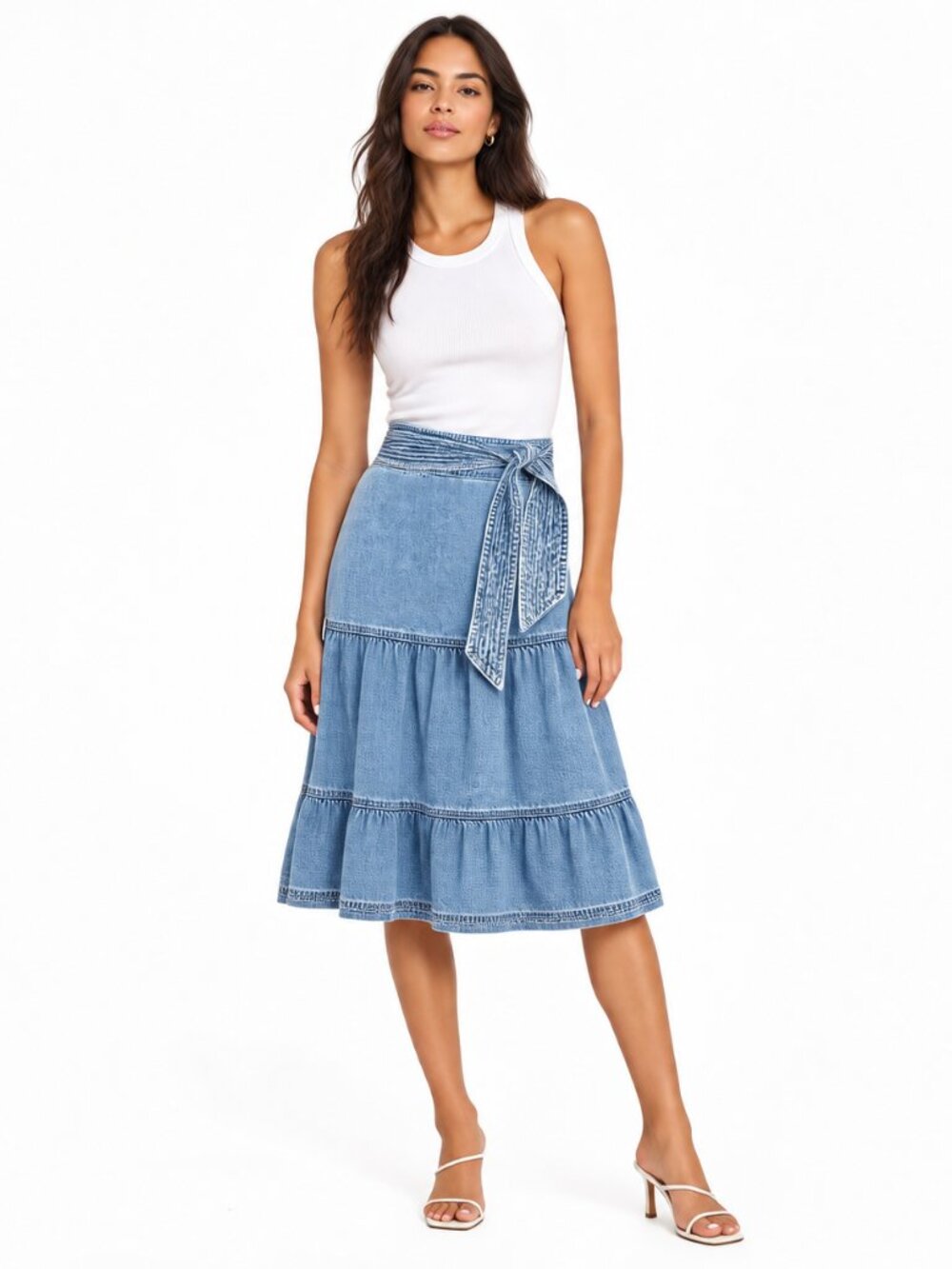 Veronica Beard Armida Starlight Denim Tiered Midi Skirt Tie Belt S